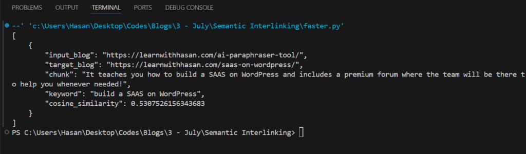 JSON result produced by the code